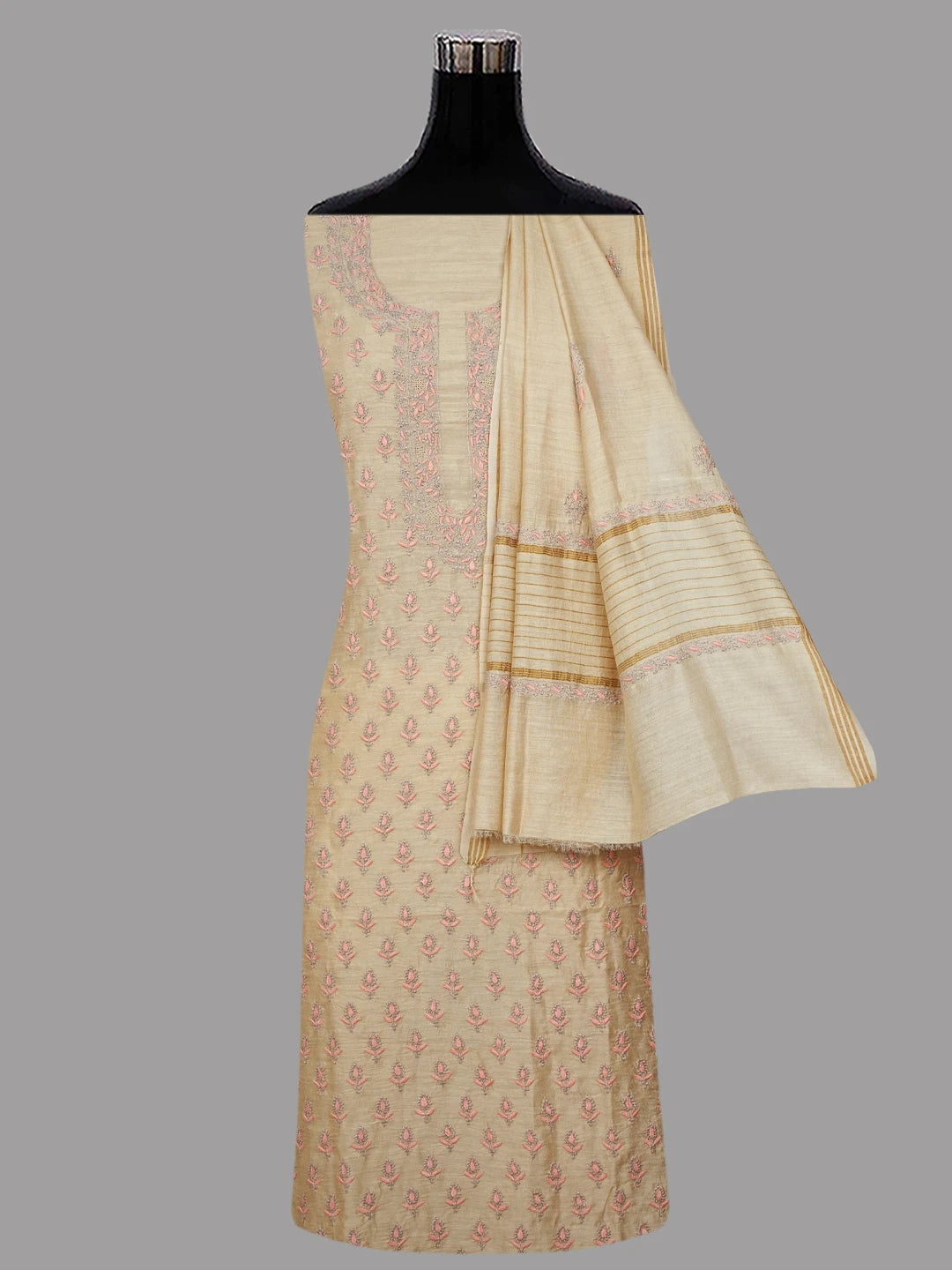 Ada Hand Embroidered Fawn Moonga Silk Lucknowi Chikankari Unstitched Kurta Dupatta Set 01A700418