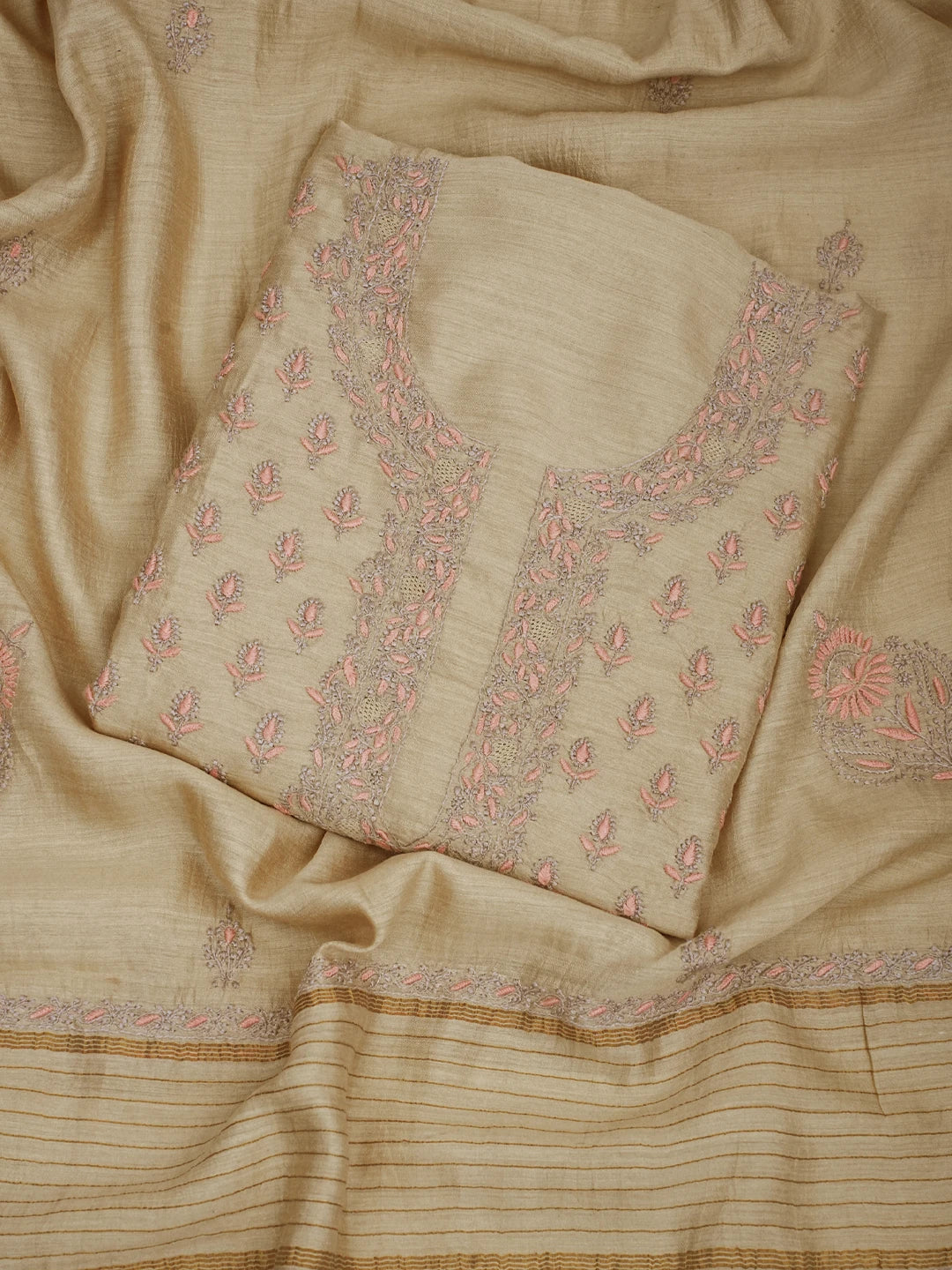 Ada Hand Embroidered Fawn Moonga Silk Lucknowi Chikankari Unstitched Kurta Dupatta Set 01A700418