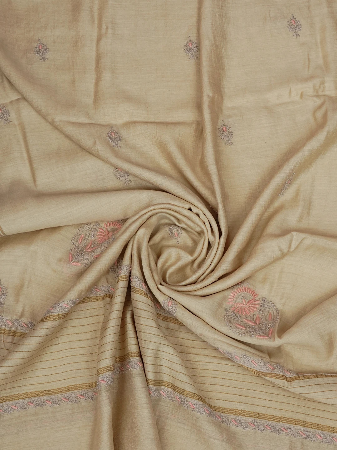 Ada Hand Embroidered Fawn Moonga Silk Lucknowi Chikankari Unstitched Kurta Dupatta Set 01A700418
