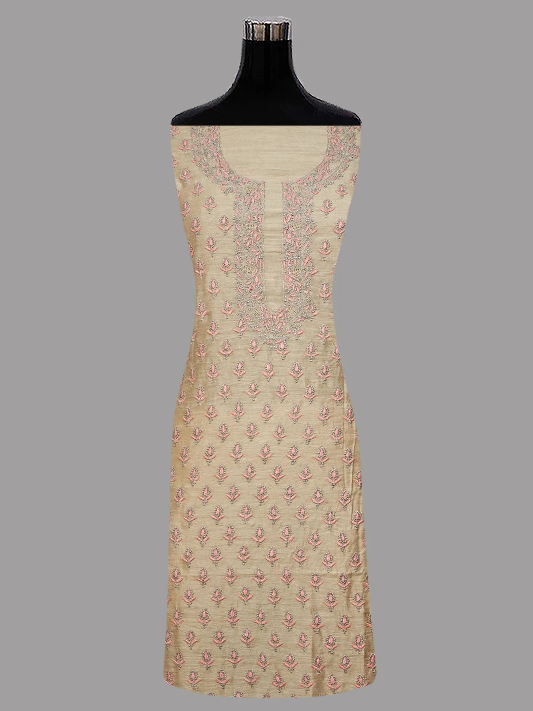 Ada Hand Embroidered Fawn Moonga Silk Lucknowi Chikankari Unstitched Kurta Dupatta Set 01A700418