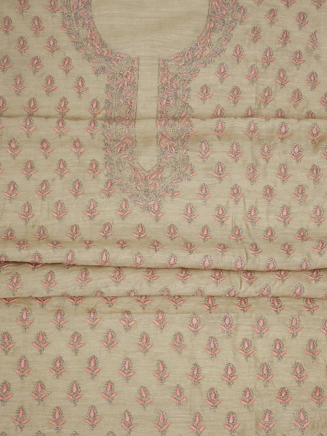 Ada Hand Embroidered Fawn Moonga Silk Lucknowi Chikankari Unstitched Kurta Dupatta Set 01A700418