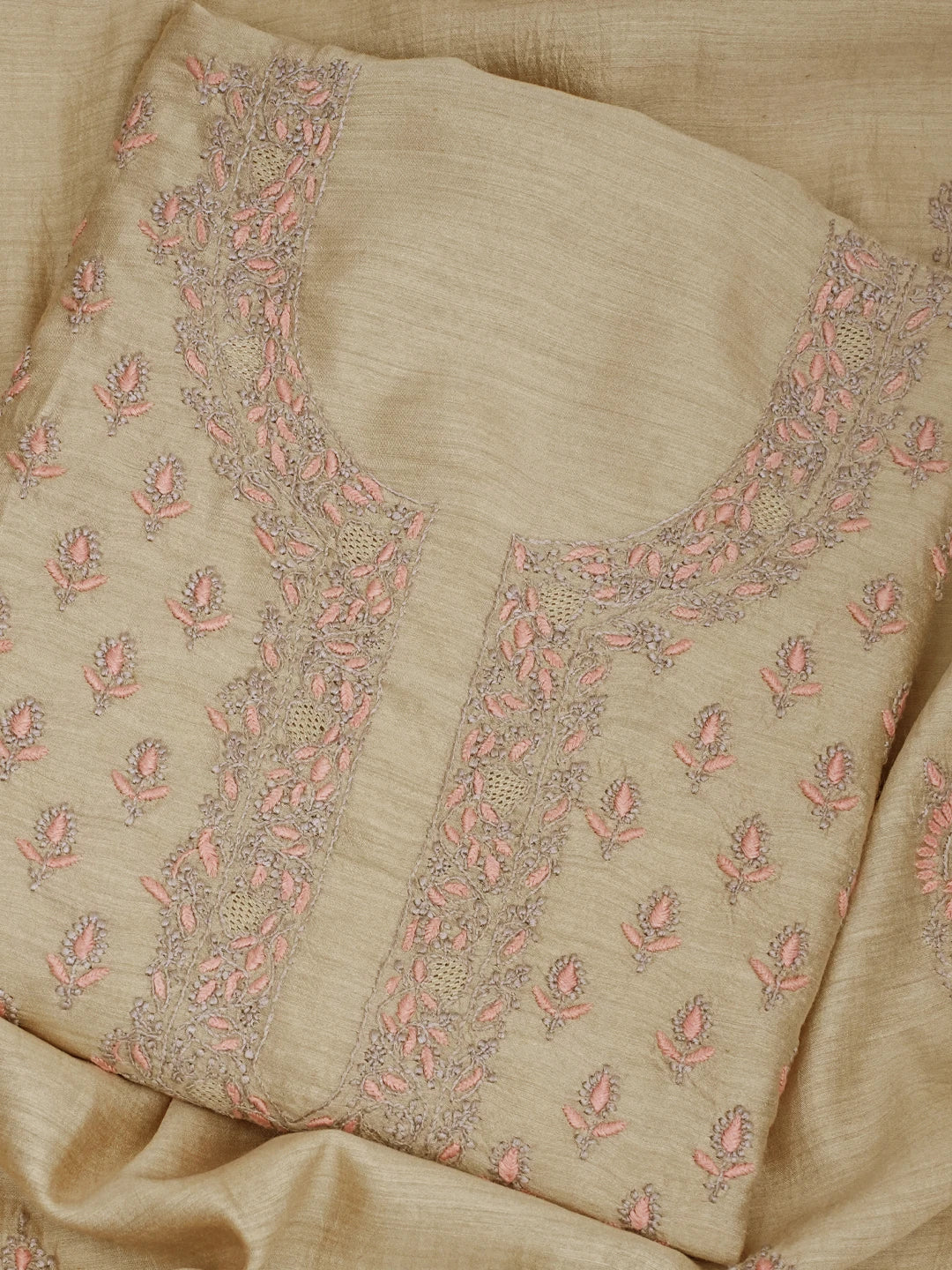 Ada Hand Embroidered Fawn Moonga Silk Lucknowi Chikankari Unstitched Kurta Dupatta Set 01A700418