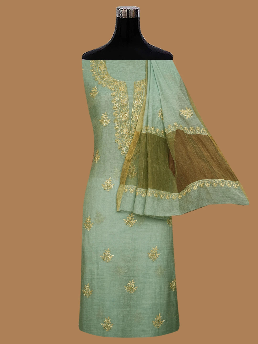 Ada Hand Embroidered Cadet Blue Tissue Lucknowi Chikankari Unstitched Kurta Dupatta Set With Cutdana Work 01A702544