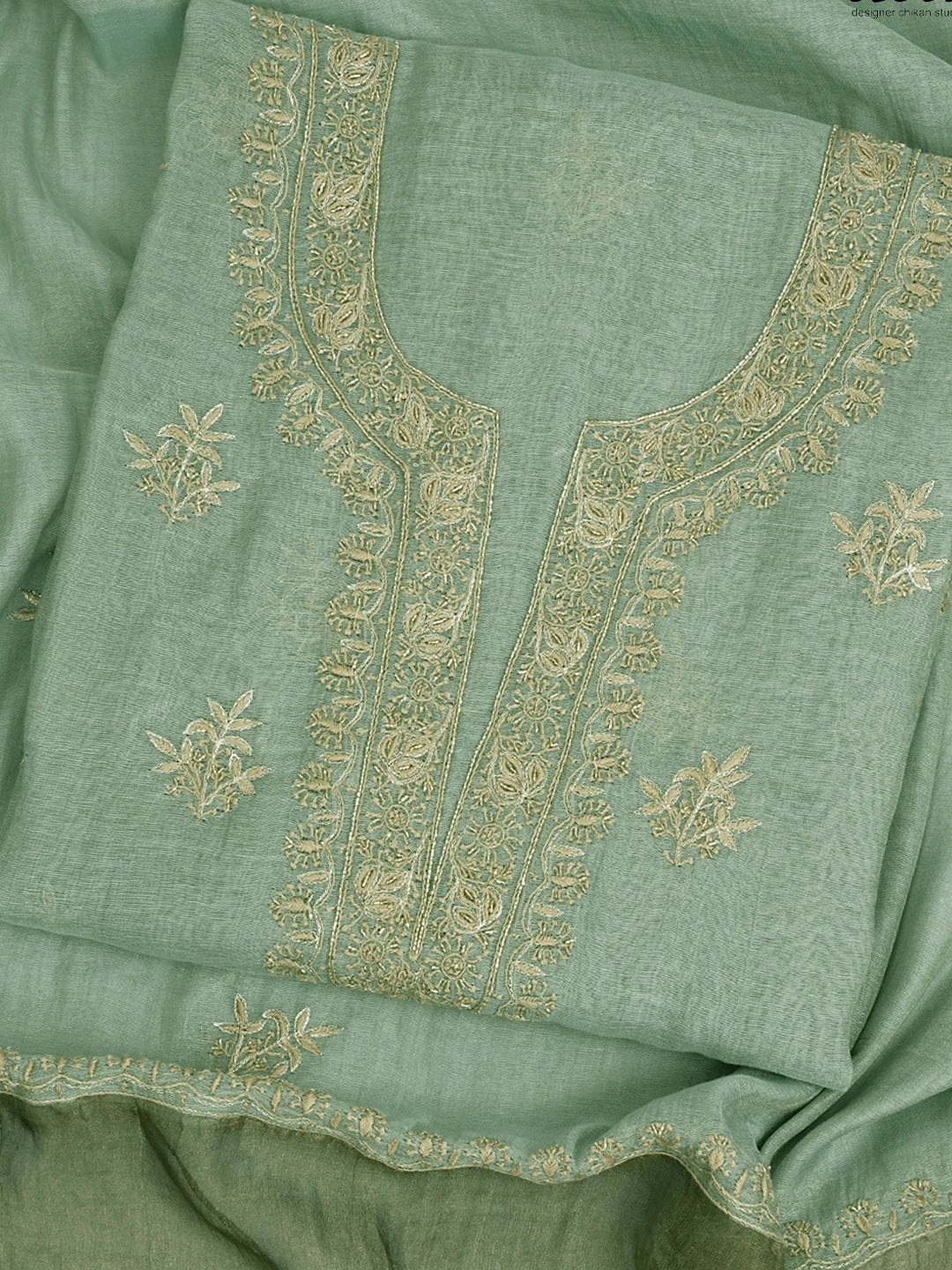 Ada Hand Embroidered Cadet Blue Tissue Lucknowi Chikankari Unstitched Kurta Dupatta Set With Cutdana Work 01A702544