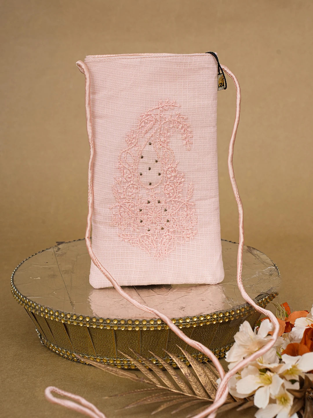 Ada Hand Embroidered Peach Kota Lucknowi Chikankari Mobile Cover 01A696859