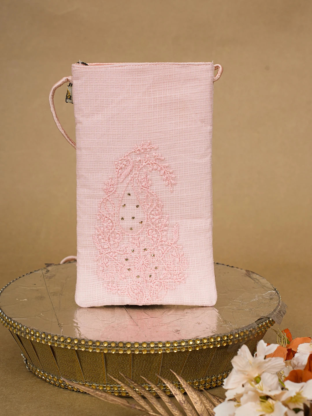 Ada Hand Embroidered Peach Kota Lucknowi Chikankari Mobile Cover 01A696859