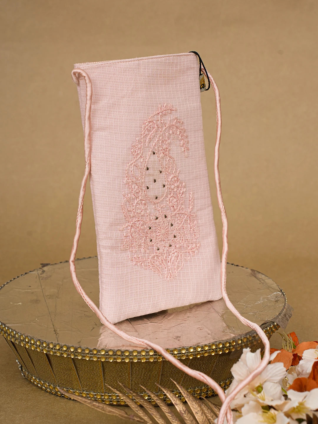 Ada Hand Embroidered Peach Kota Lucknowi Chikankari Mobile Cover 01A696859