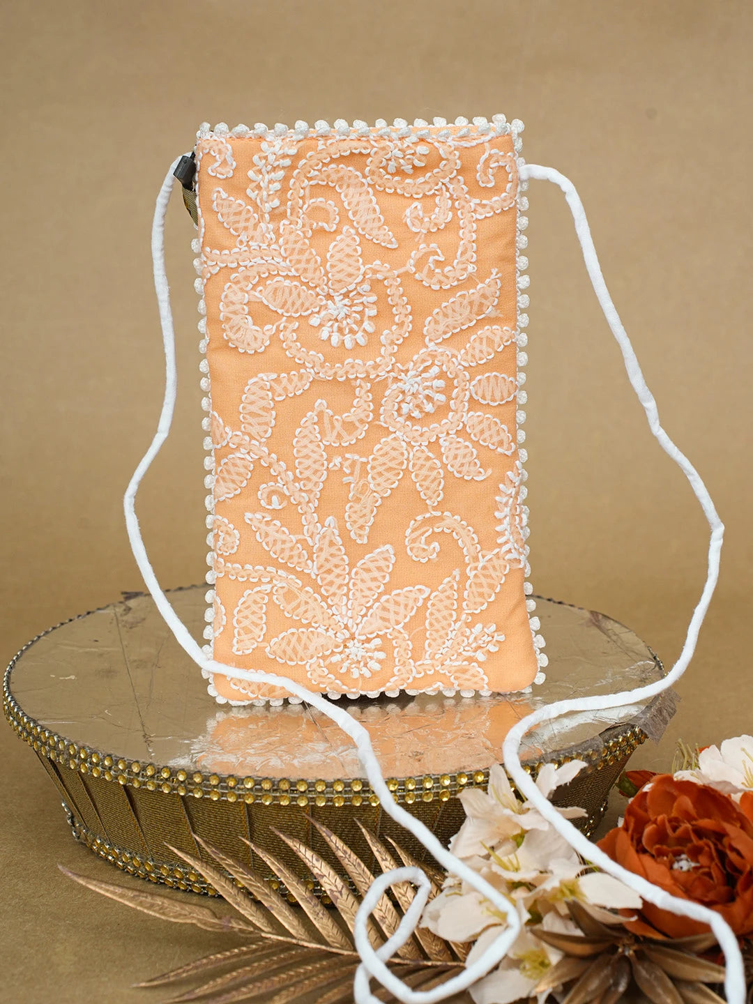 Ada Hand Embroidered Peach Georgette Lucknowi Chikankari Mobile Cover 01A690837