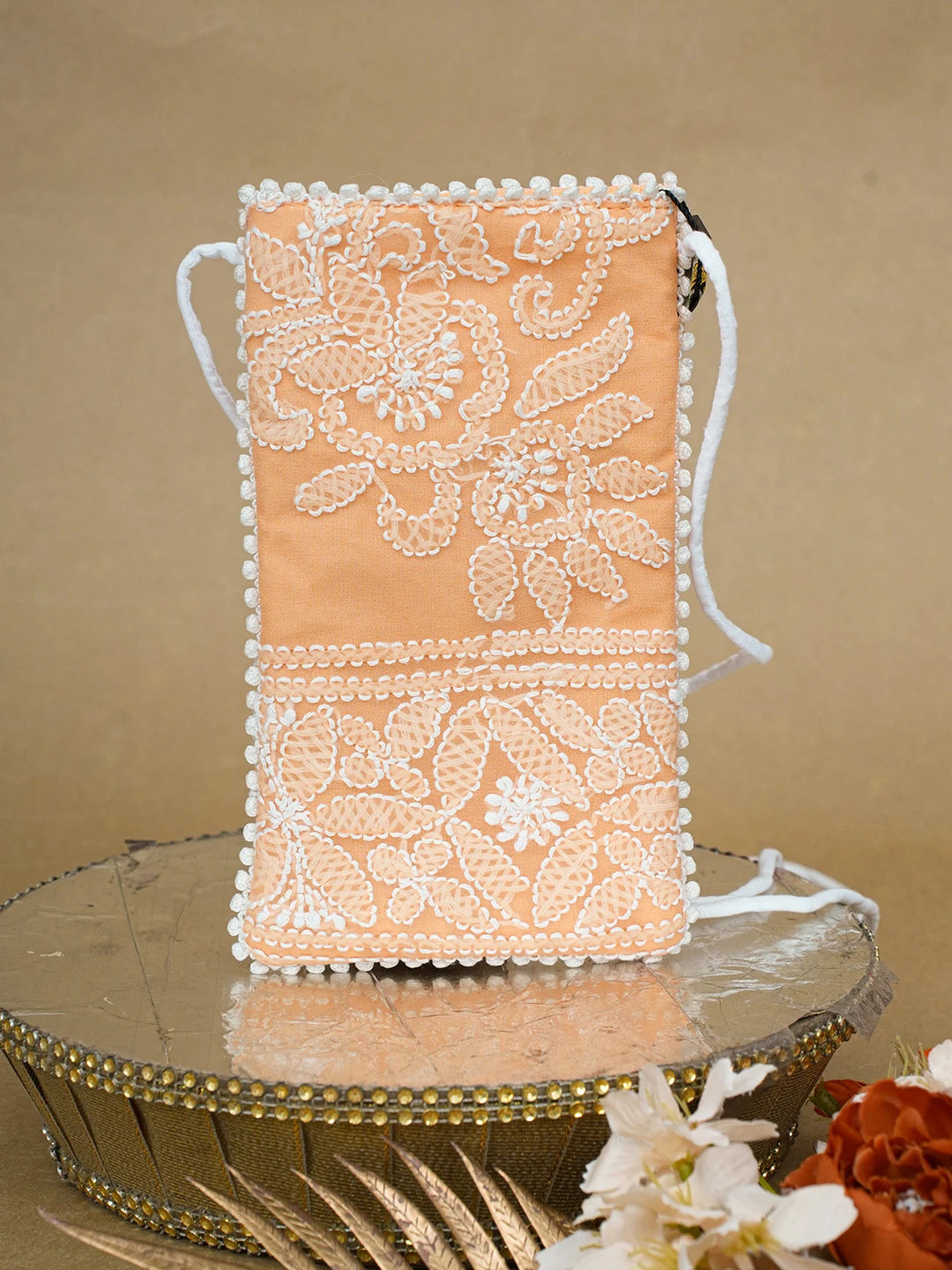 Ada Hand Embroidered Peach Georgette Lucknowi Chikankari Mobile Cover 01A690837
