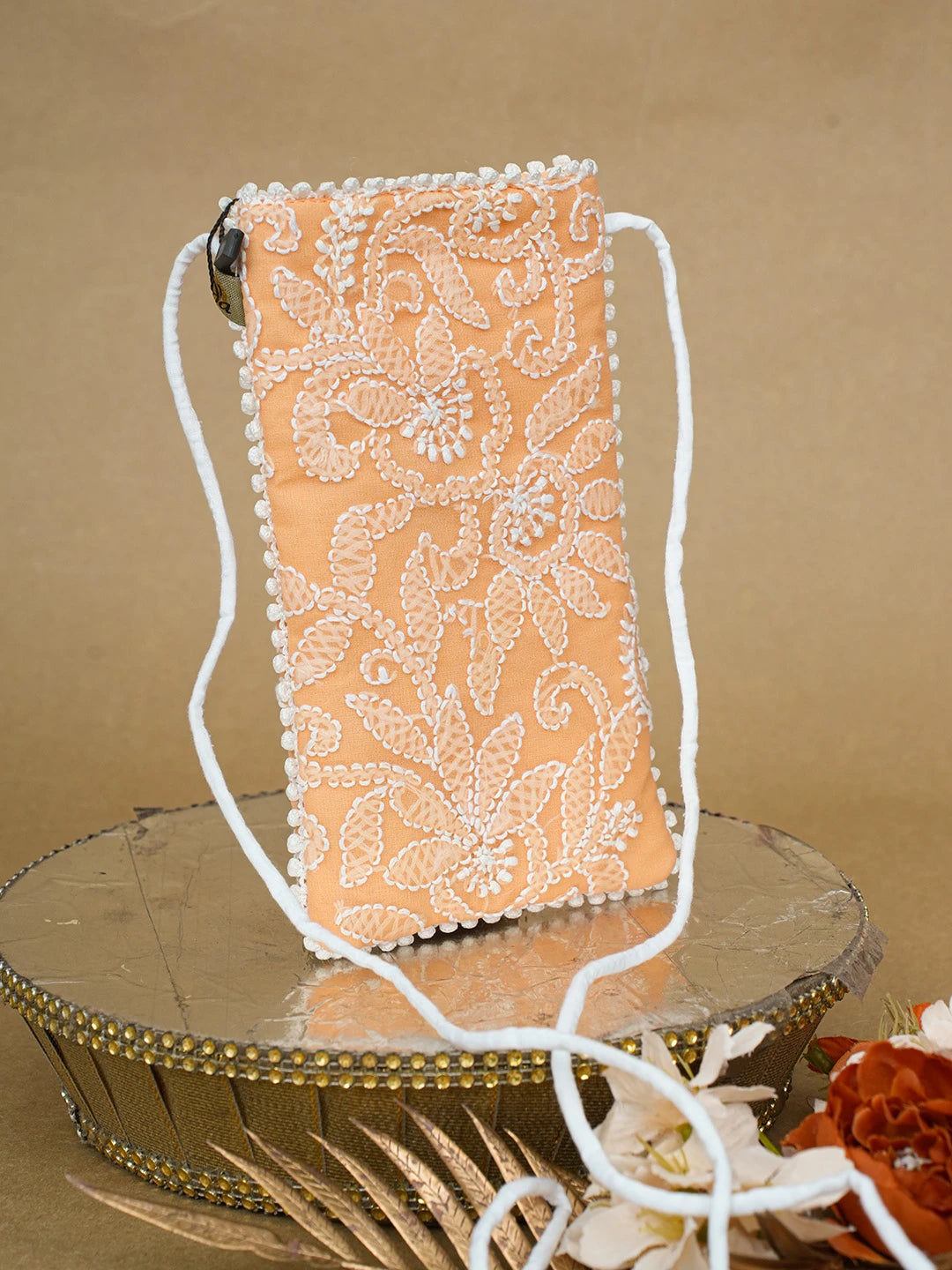 Ada Hand Embroidered Peach Georgette Lucknowi Chikankari Mobile Cover 01A690837