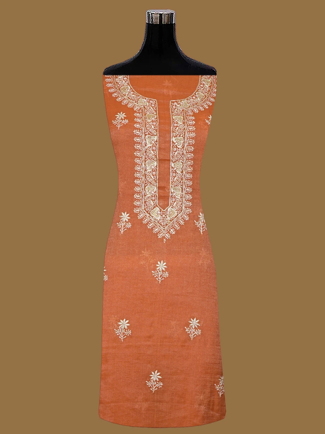 Ada Hand Embroidered Rust Tissue Lucknowi Chikankari Unstitched Kurta Dupatta Set With Cutdana Work 01A702534
