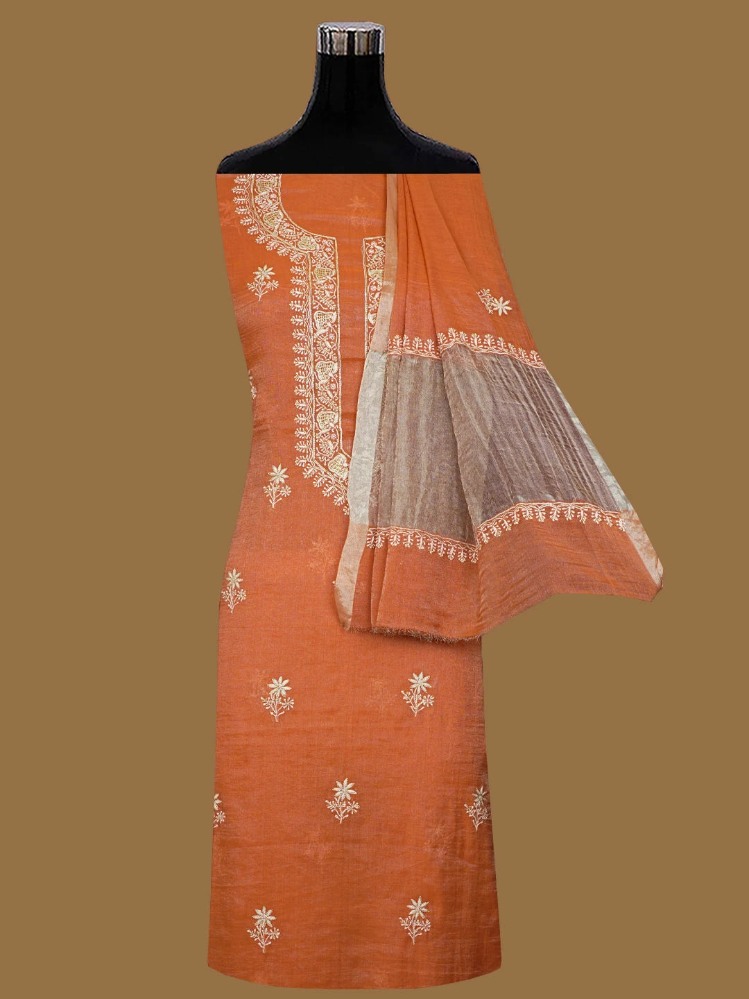 Ada Hand Embroidered Rust Tissue Lucknowi Chikankari Unstitched Kurta Dupatta Set With Cutdana Work 01A702534