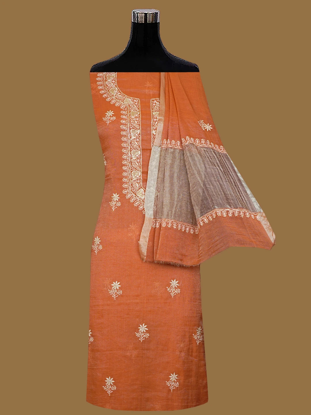 Ada Hand Embroidered Rust Tissue Lucknowi Chikankari Unstitched Kurta Dupatta Set With Cutdana Work 01A702534