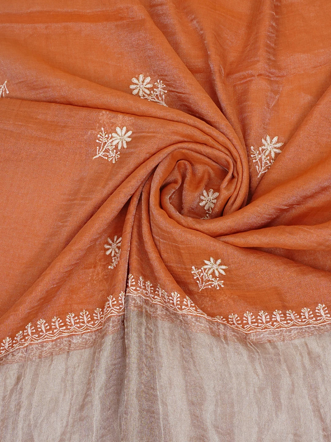 Ada Hand Embroidered Rust Tissue Lucknowi Chikankari Unstitched Kurta Dupatta Set With Cutdana Work 01A702534