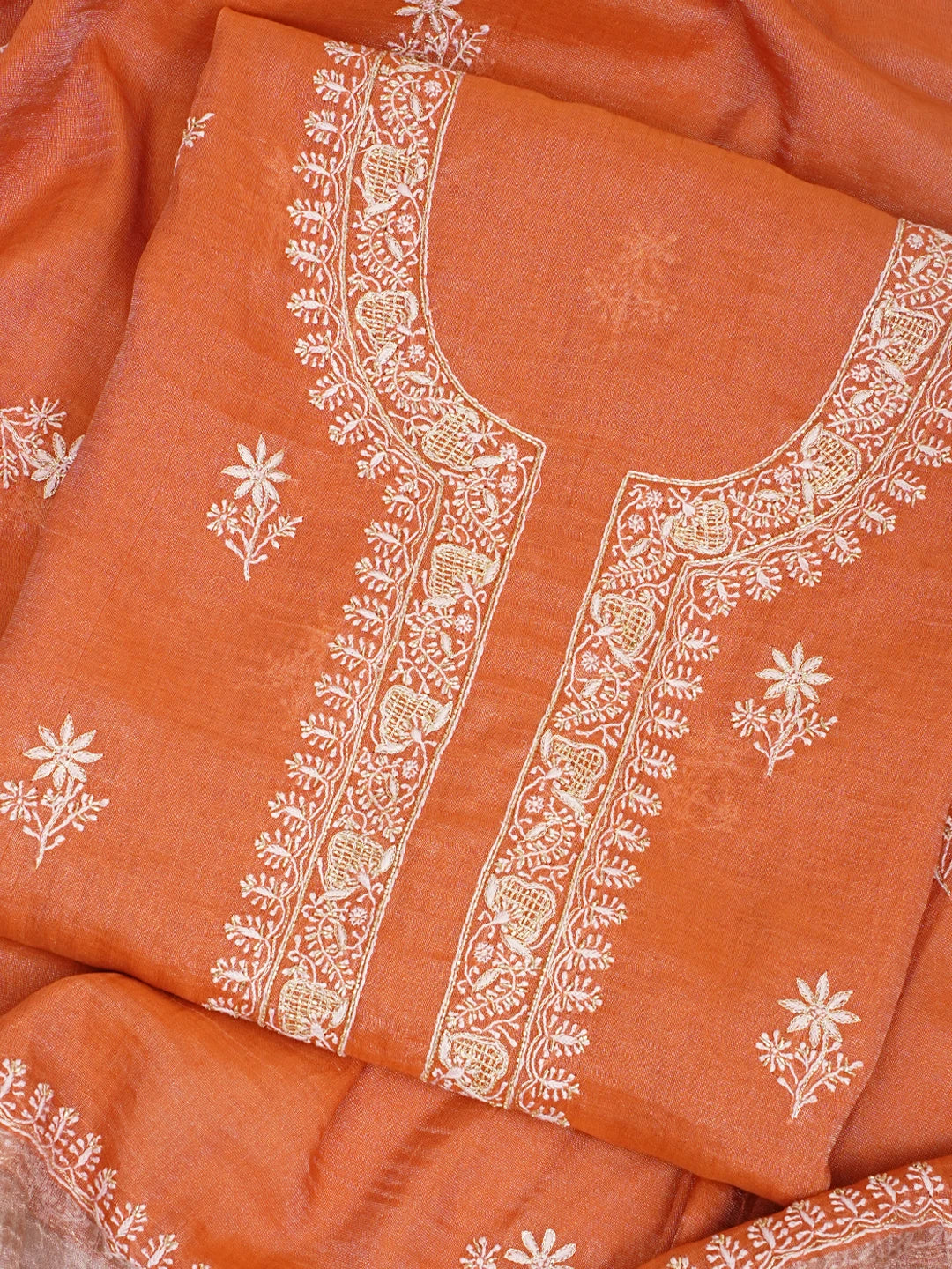 Ada Hand Embroidered Rust Tissue Lucknowi Chikankari Unstitched Kurta Dupatta Set With Cutdana Work 01A702534