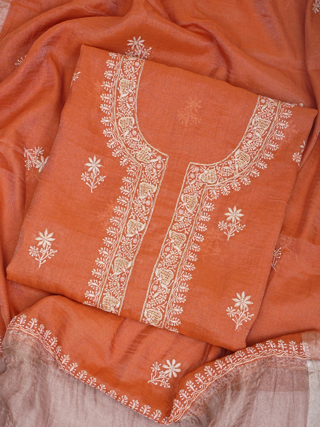 Ada Hand Embroidered Rust Tissue Lucknowi Chikankari Unstitched Kurta Dupatta Set With Cutdana Work 01A702534