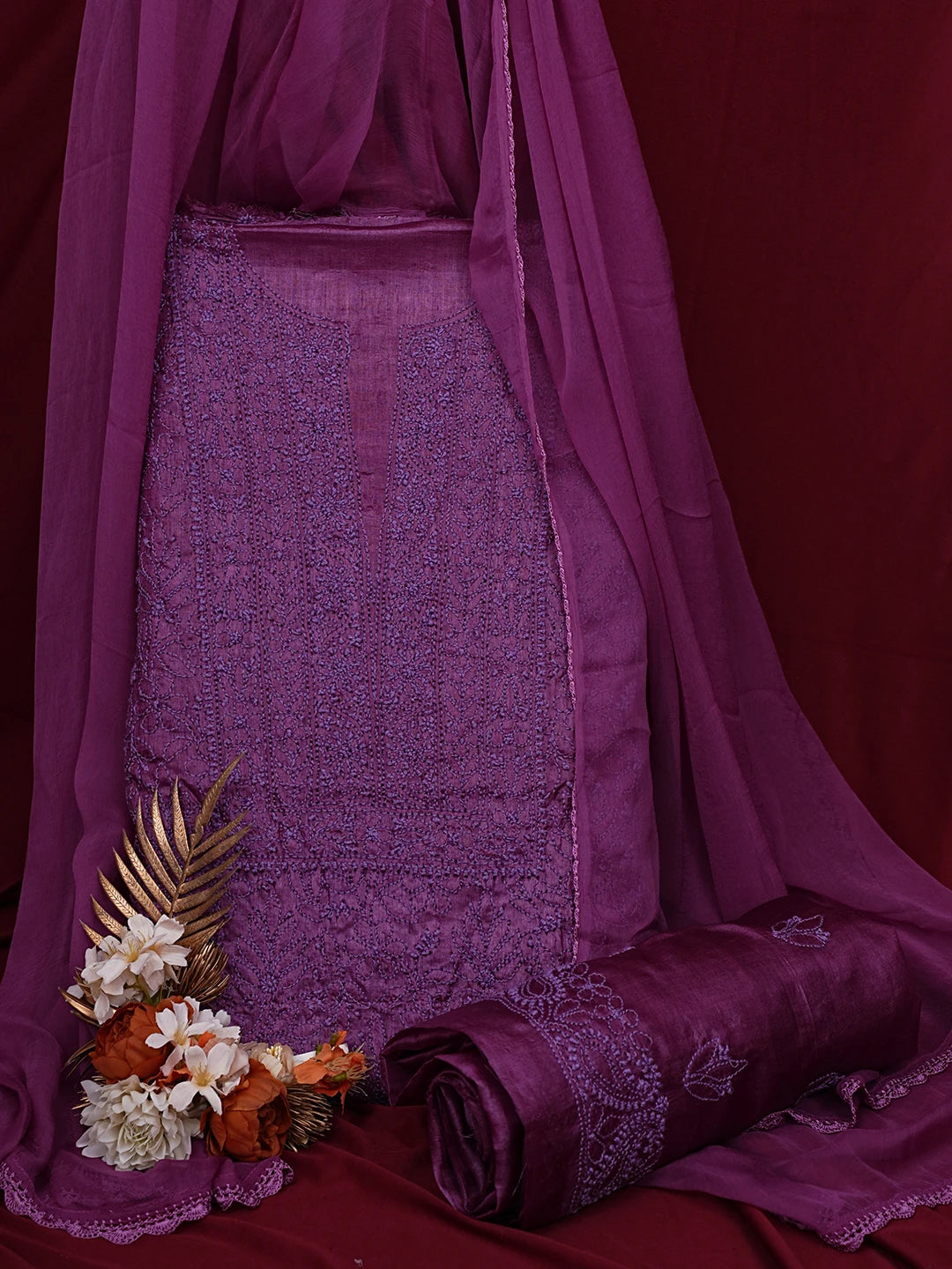 Ada Hand Embroidered Purple Silk Lucknowi Chikankari Unstitched Suit Piece 01A702857