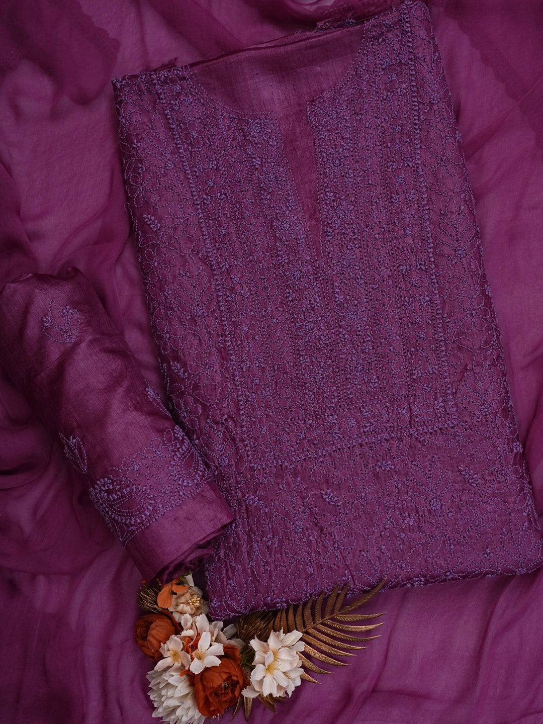 Ada Hand Embroidered Purple Silk Lucknowi Chikankari Unstitched Suit Piece 01A702857