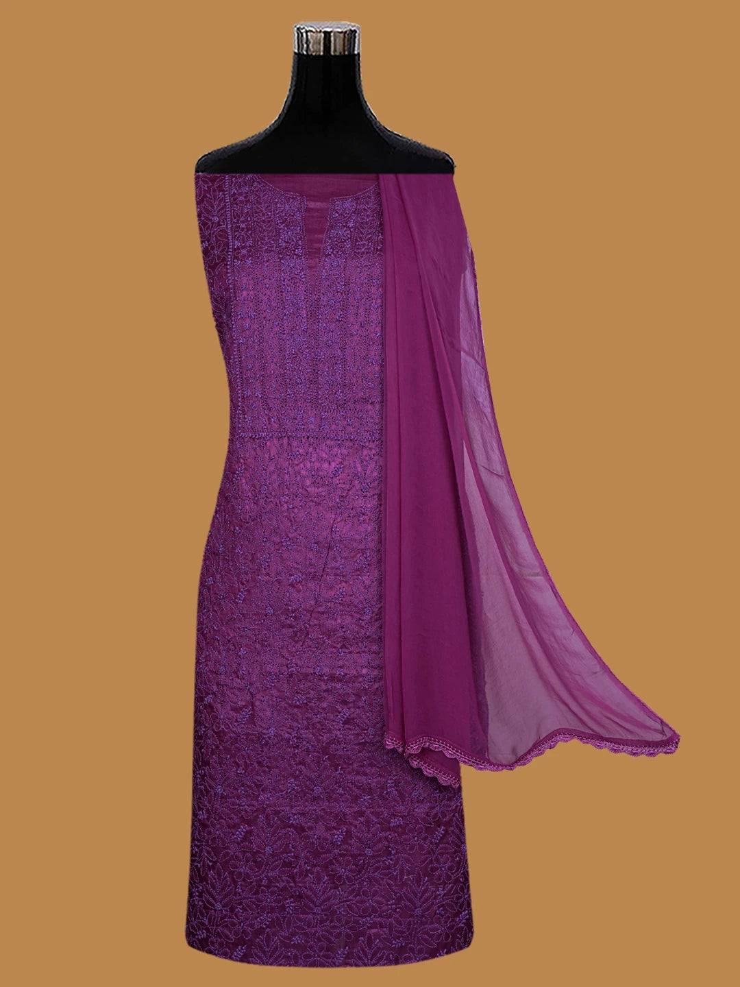 Ada Hand Embroidered Purple Silk Lucknowi Chikankari Unstitched Suit Piece 01A702857