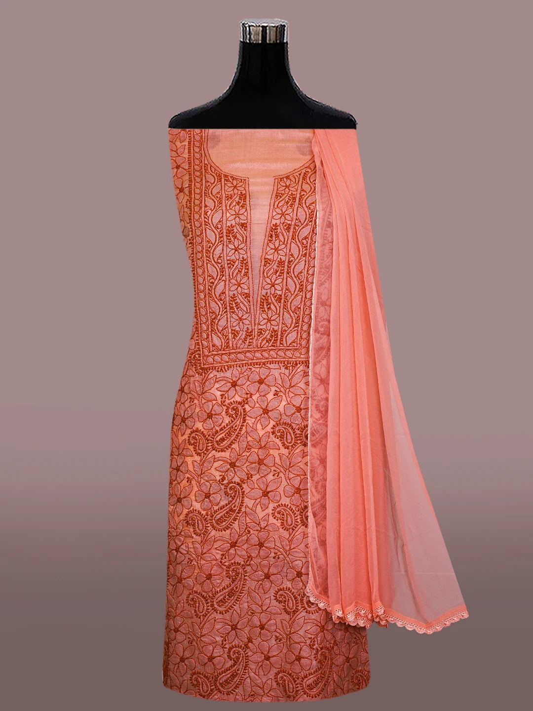 Ada Hand Embroidered Peachy Pink Silk Lucknowi Chikankari Unstitched Suit Piece 01A702867