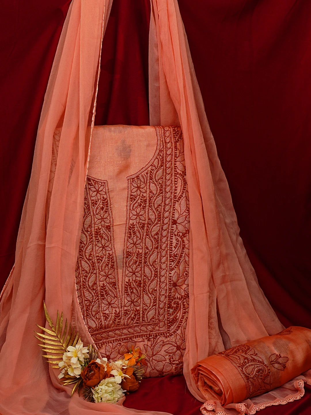 Ada Hand Embroidered Peachy Pink Silk Lucknowi Chikankari Unstitched Suit Piece 01A702867