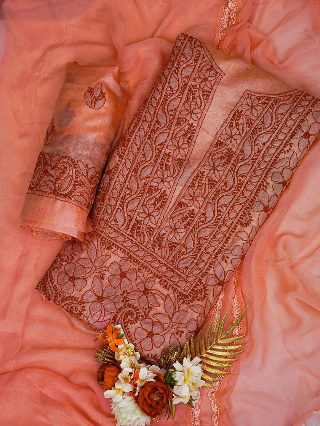 Ada Hand Embroidered Peachy Pink Silk Lucknowi Chikankari Unstitched Suit Piece 01A702867