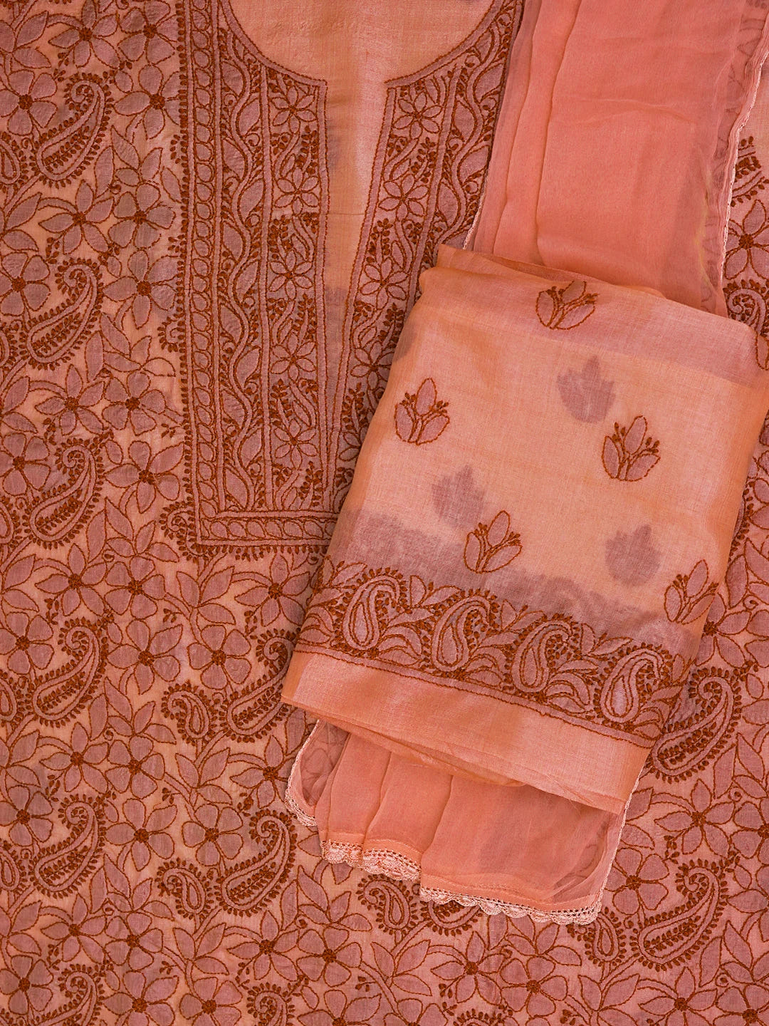 Ada Hand Embroidered Peachy Pink Silk Lucknowi Chikankari Unstitched Suit Piece 01A702867