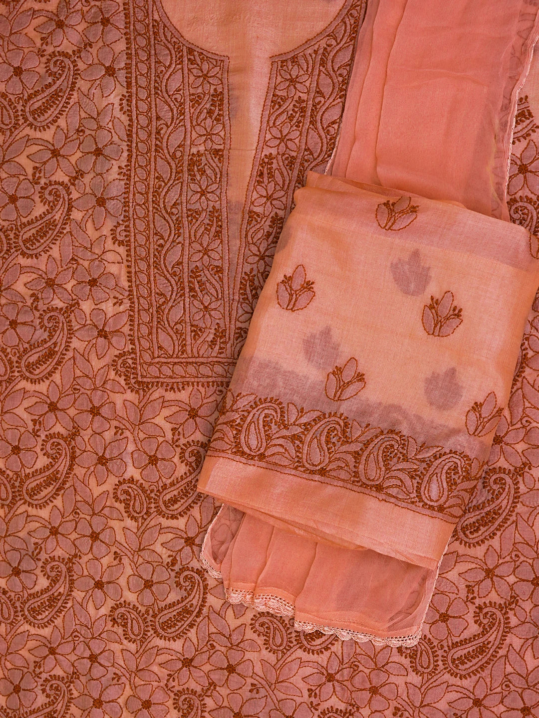 Ada Hand Embroidered Peachy Pink Silk Lucknowi Chikankari Unstitched Suit Piece 01A702867