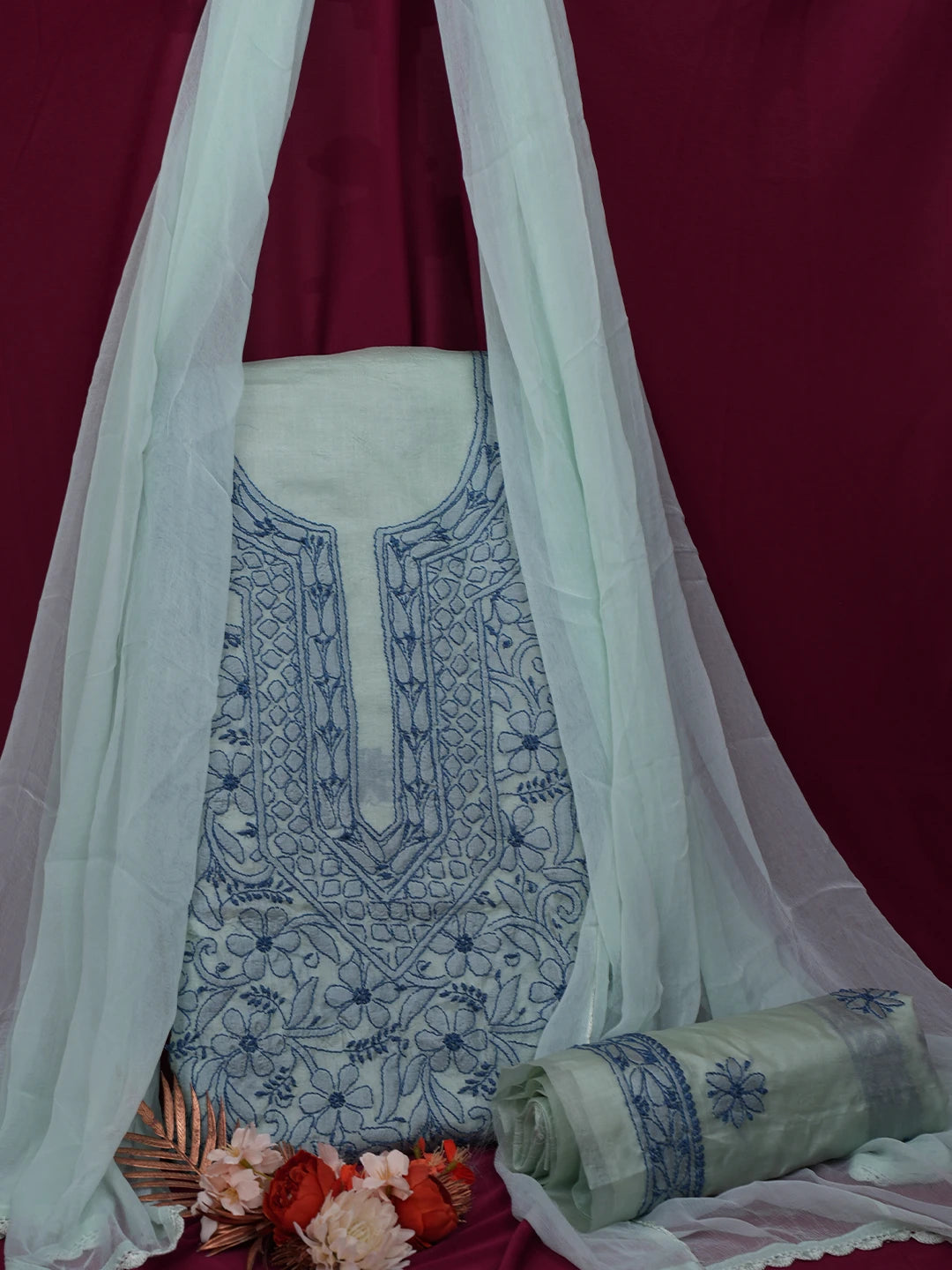 Ada Hand Embroidered Mint Green Silk Lucknowi Chikankari Unstitched Suit Piece 01A702983