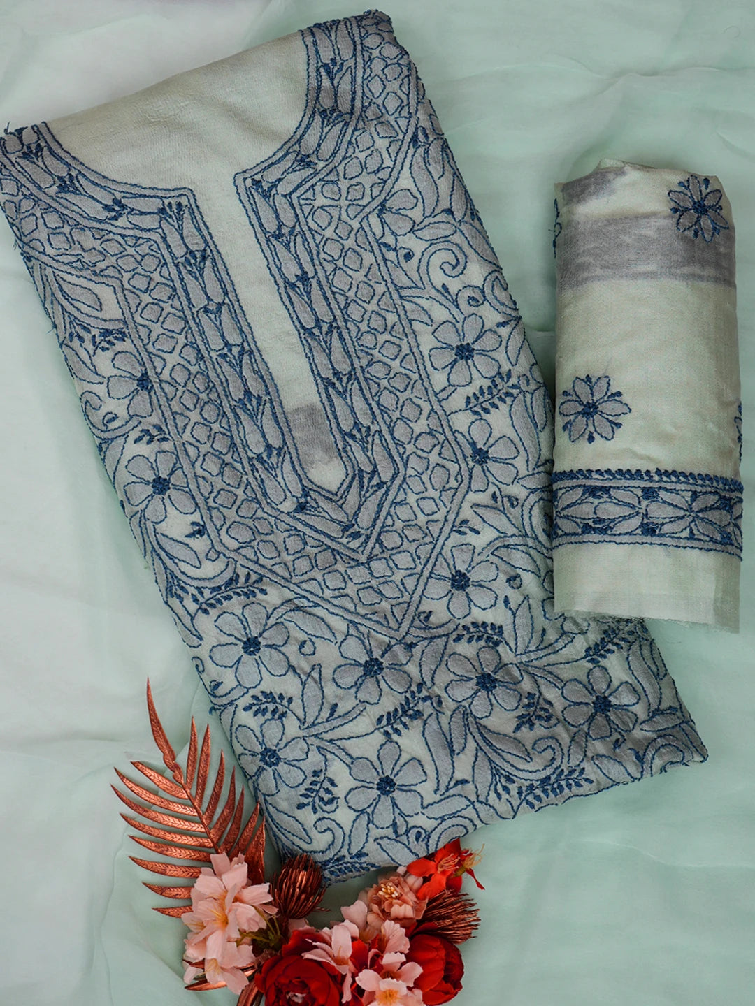 Ada Hand Embroidered Mint Green Silk Lucknowi Chikankari Unstitched Suit Piece 01A702983