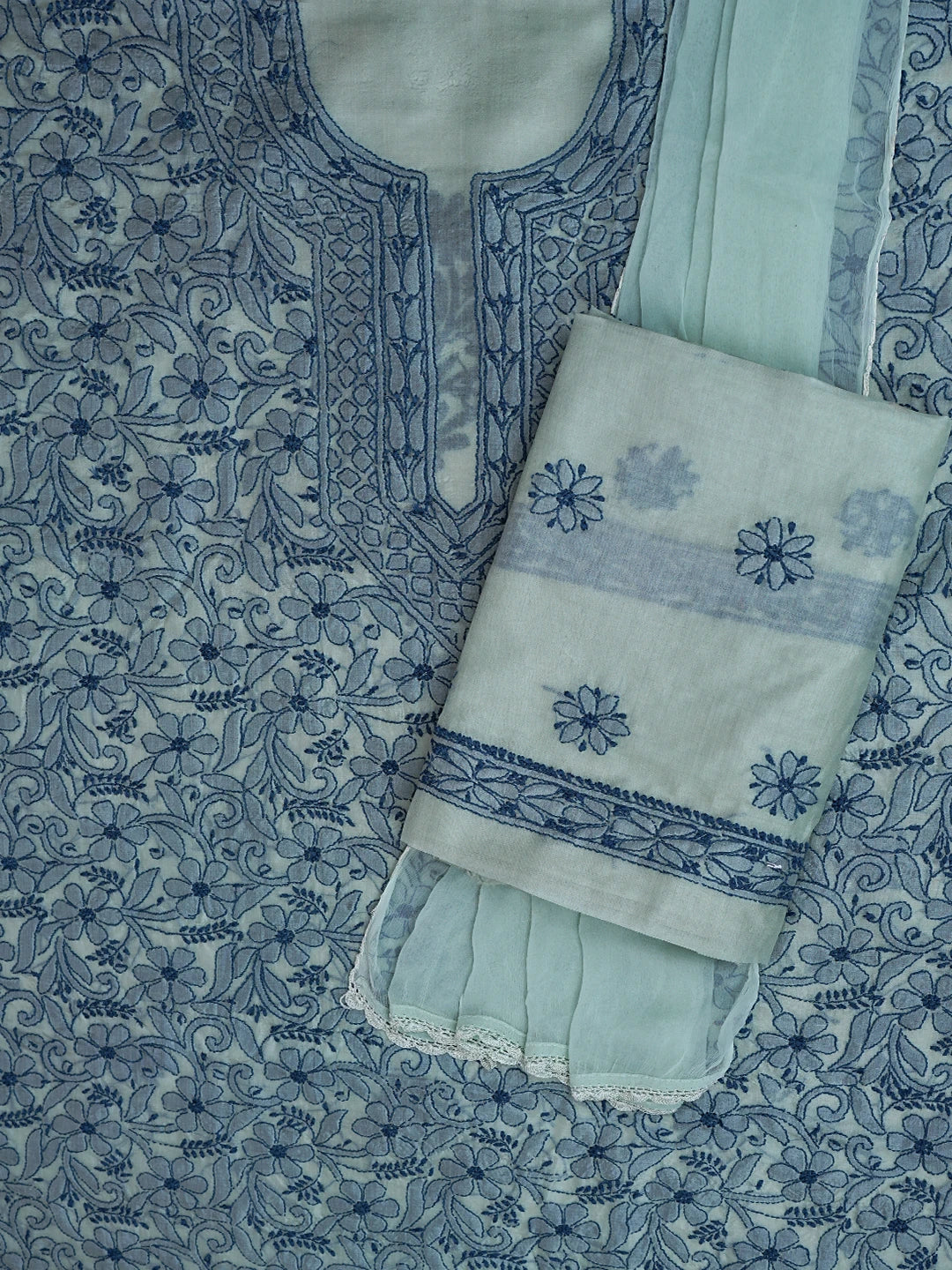 Ada Hand Embroidered Mint Green Silk Lucknowi Chikankari Unstitched Suit Piece 01A702983