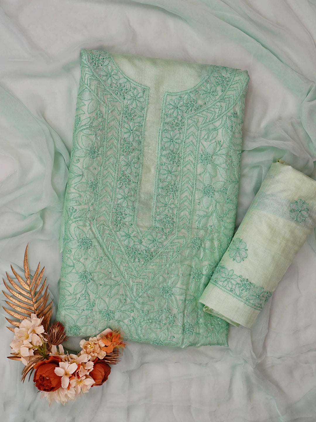 Ada Hand Embroidered Light Aquamarine Green Silk Lucknowi Chikankari Unstitched Suit Piece 01A702981
