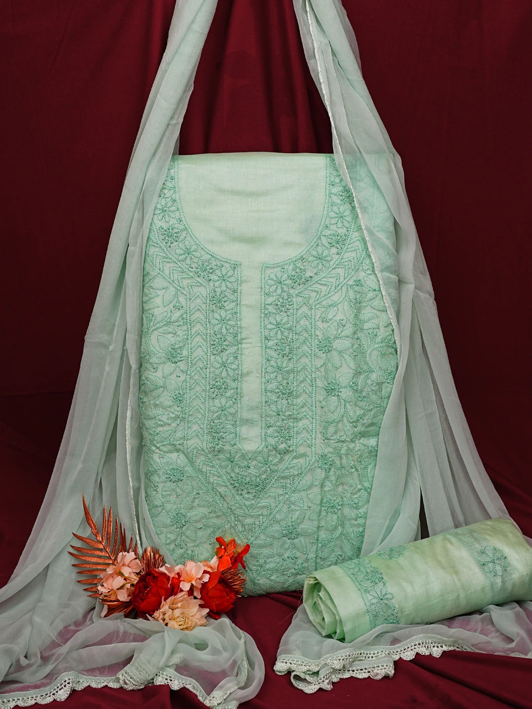 Ada Hand Embroidered Light Aquamarine Green Silk Lucknowi Chikankari Unstitched Suit Piece 01A702981