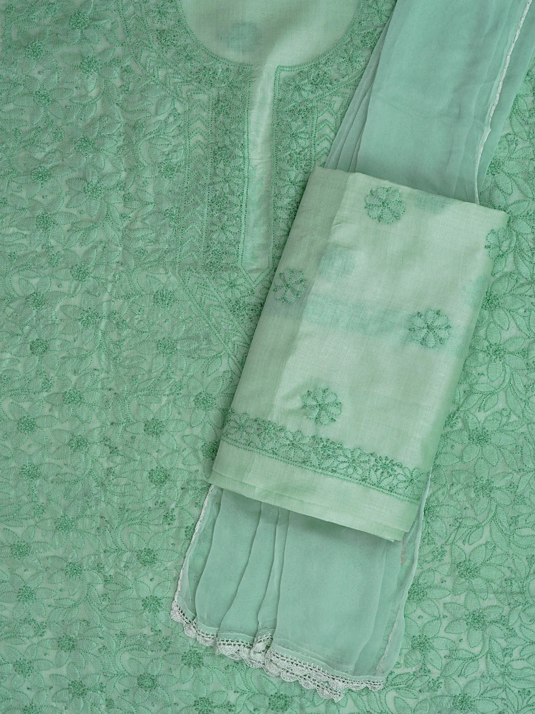 Ada Hand Embroidered Light Aquamarine Green Silk Lucknowi Chikankari Unstitched Suit Piece 01A702981