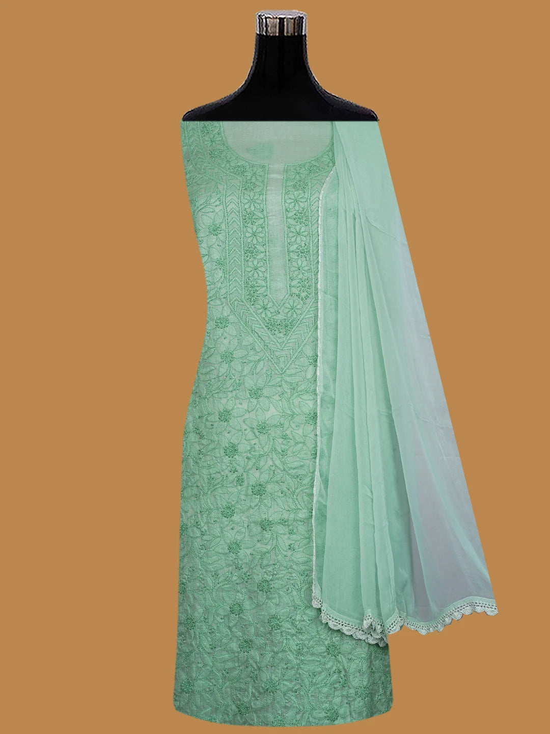 Ada Hand Embroidered Light Aquamarine Green Silk Lucknowi Chikankari Unstitched Suit Piece 01A702981