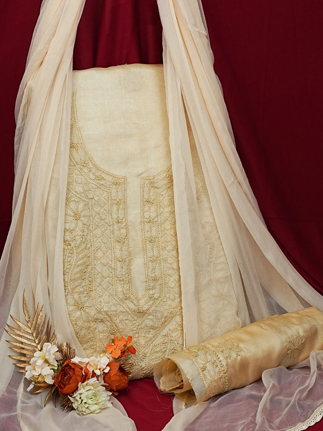 Ada Hand Embroidered Fawn Silk Lucknowi Chikankari Unstitched Suit Piece 01A702984