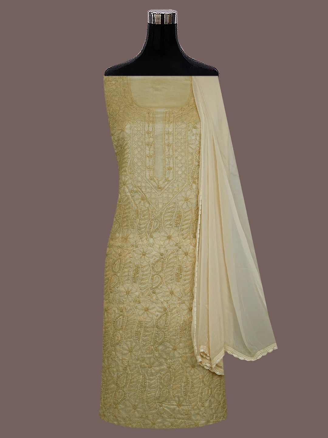 Ada Hand Embroidered Fawn Silk Lucknowi Chikankari Unstitched Suit Piece 01A702984