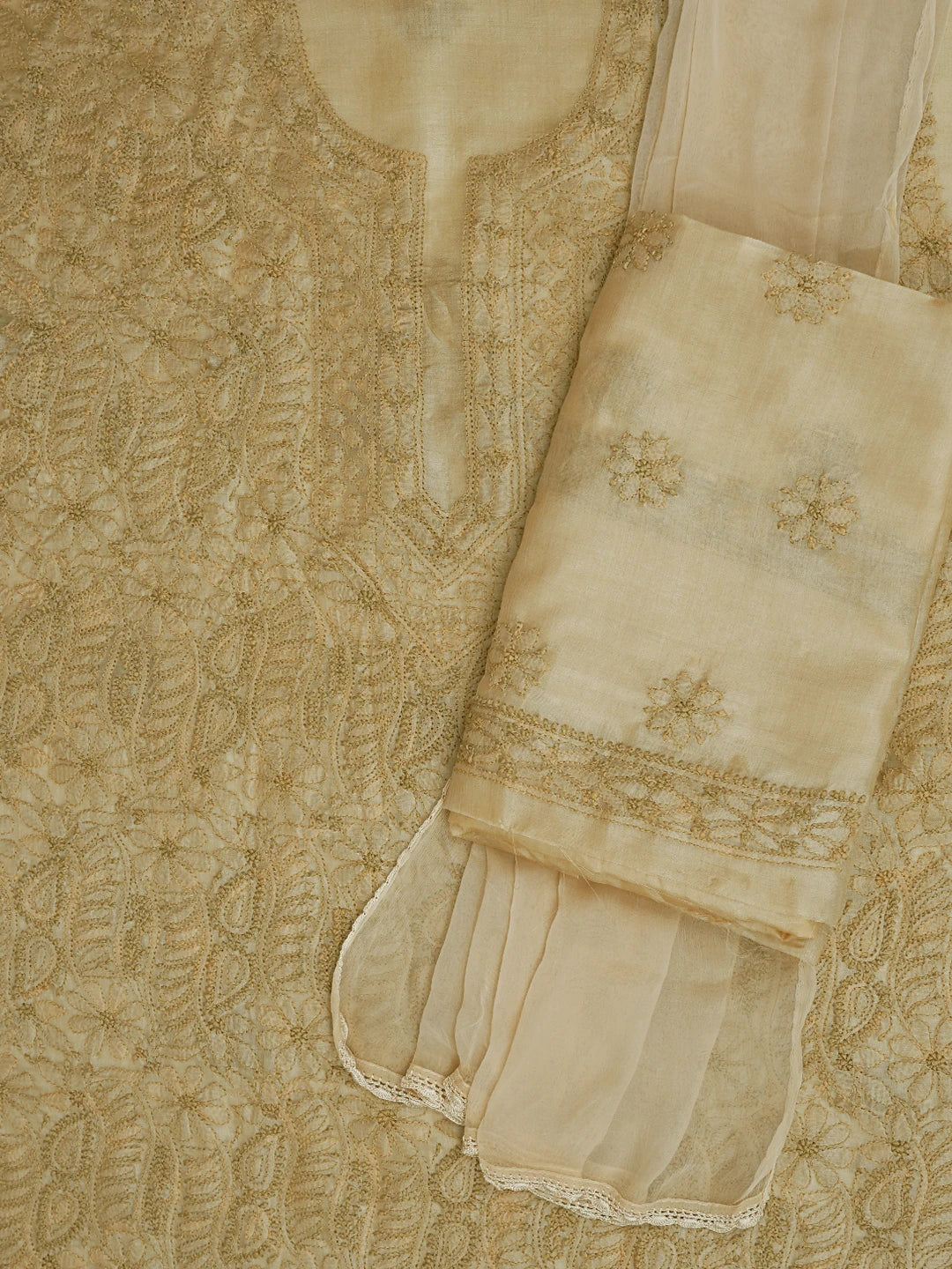Ada Hand Embroidered Fawn Silk Lucknowi Chikankari Unstitched Suit Piece 01A702984