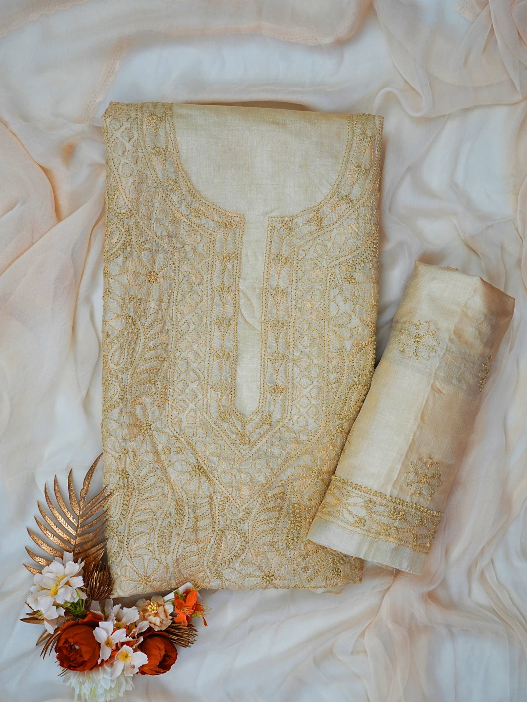 Ada Hand Embroidered Fawn Silk Lucknowi Chikankari Unstitched Suit Piece 01A702984