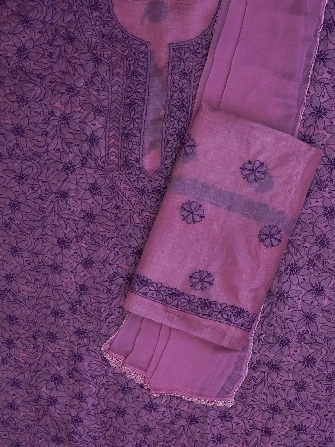 Ada Hand Embroidered Pale Lavender Silk Lucknowi Chikankari Unstitched Suit Piece 01A702976