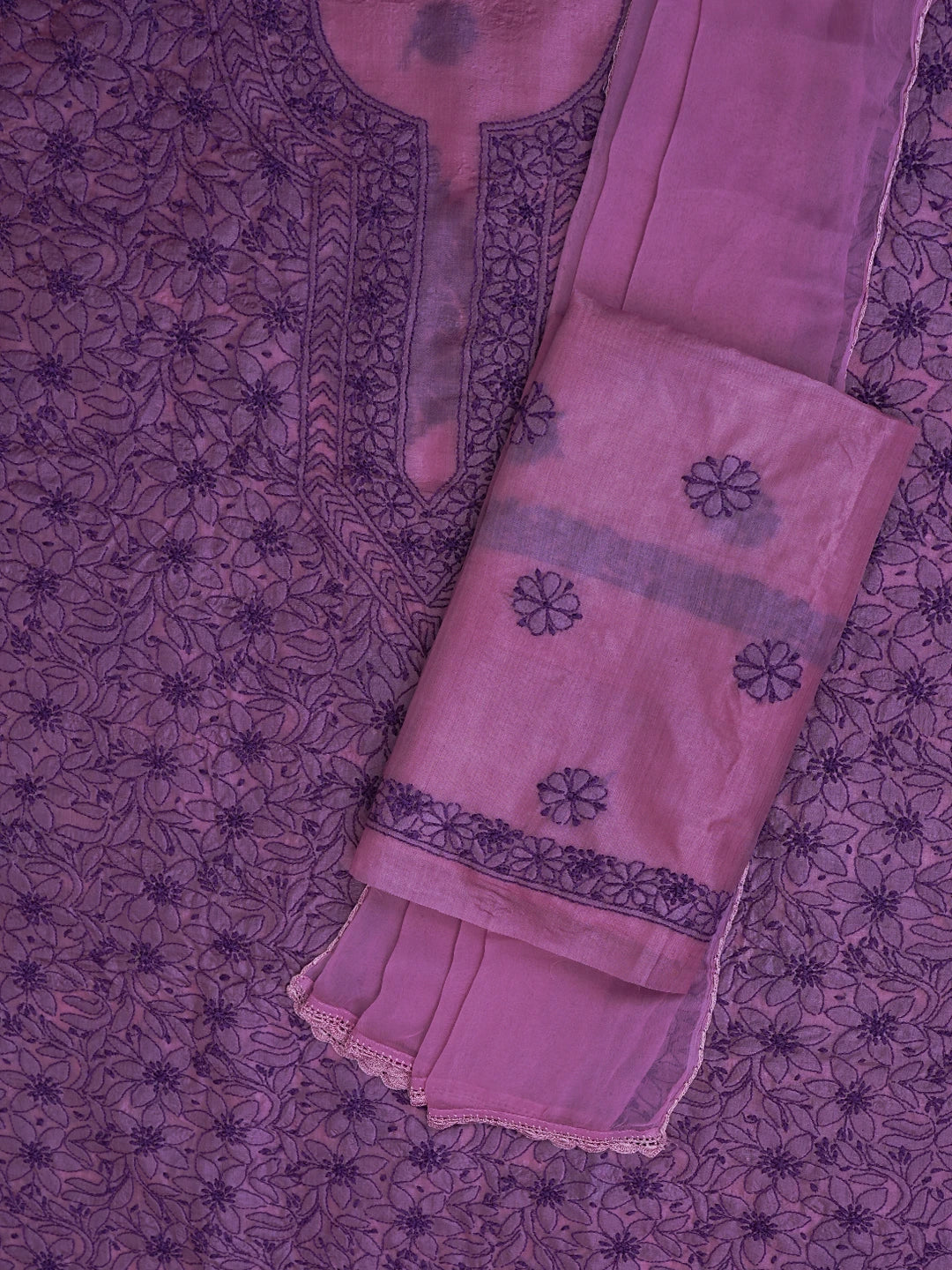 Ada Hand Embroidered Pale Lavender Silk Lucknowi Chikankari Unstitched Suit Piece 01A702976