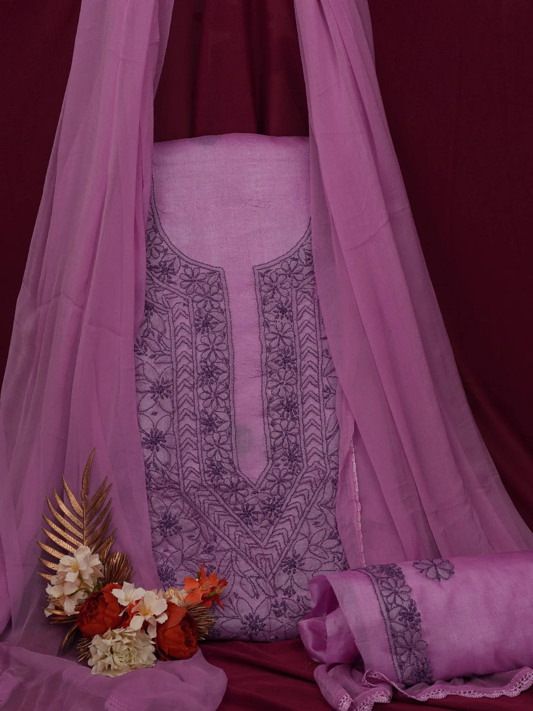 Ada Hand Embroidered Pale Lavender Silk Lucknowi Chikankari Unstitched Suit Piece 01A702976