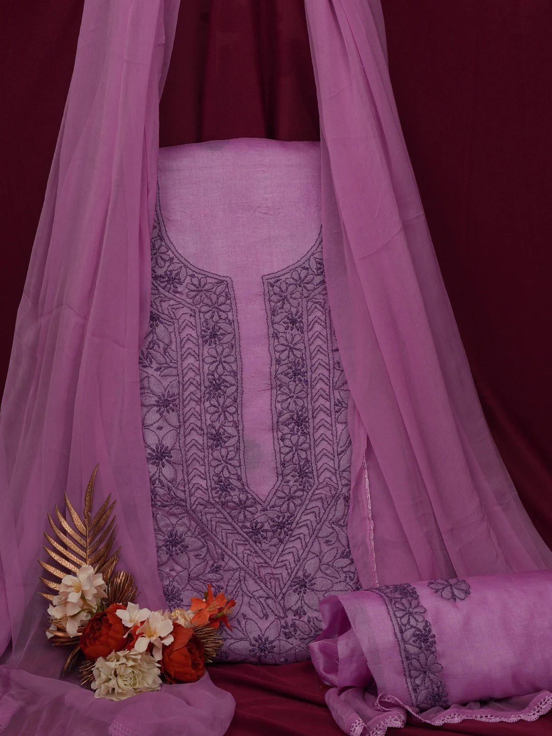 Ada Hand Embroidered Pale Lavender Silk Lucknowi Chikankari Unstitched Suit Piece 01A702976
