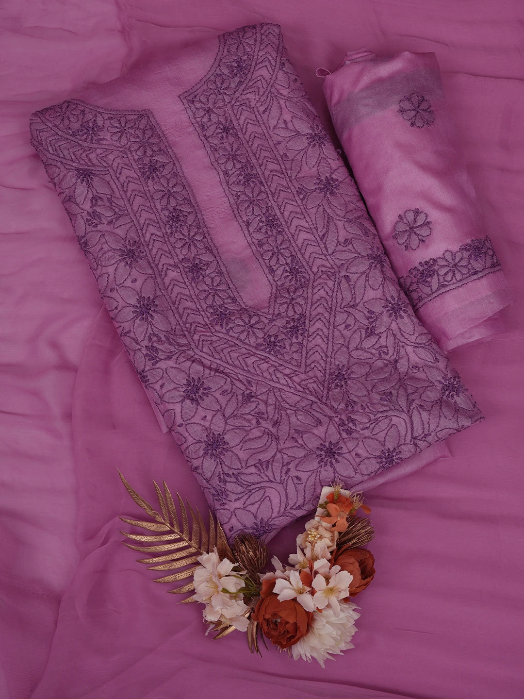 Ada Hand Embroidered Pale Lavender Silk Lucknowi Chikankari Unstitched Suit Piece 01A702976