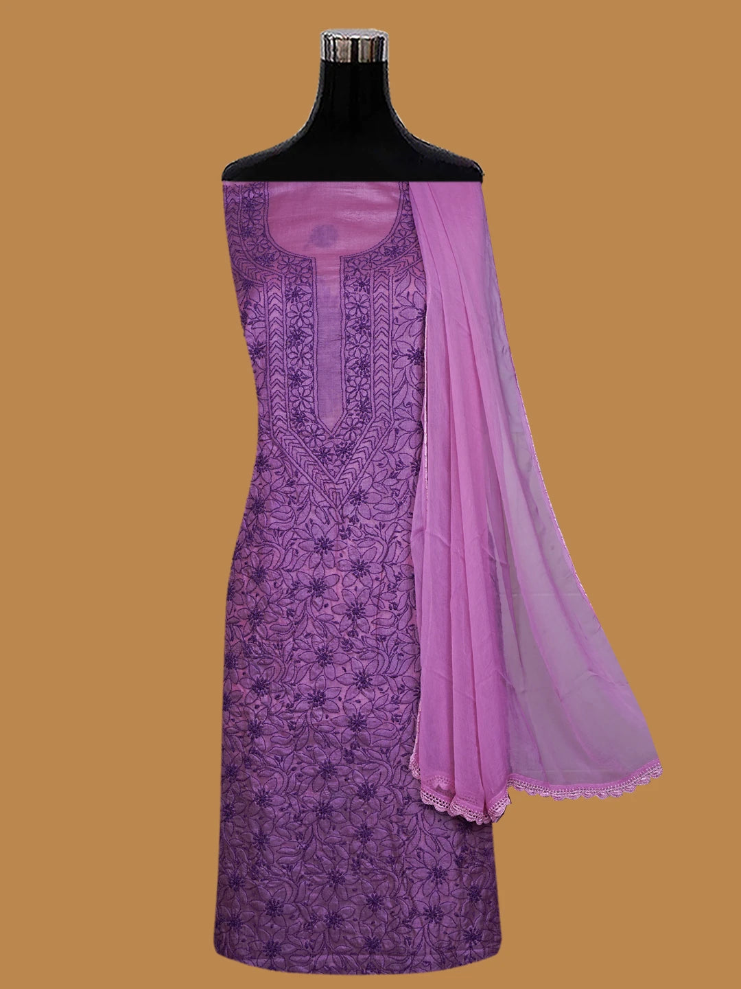 Ada Hand Embroidered Pale Lavender Silk Lucknowi Chikankari Unstitched Suit Piece 01A702976