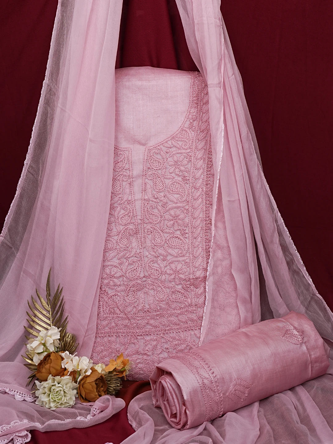 Ada Hand Embroidered Onion Pink Silk Lucknowi Chikankari Unstitched Suit Piece 01A702986