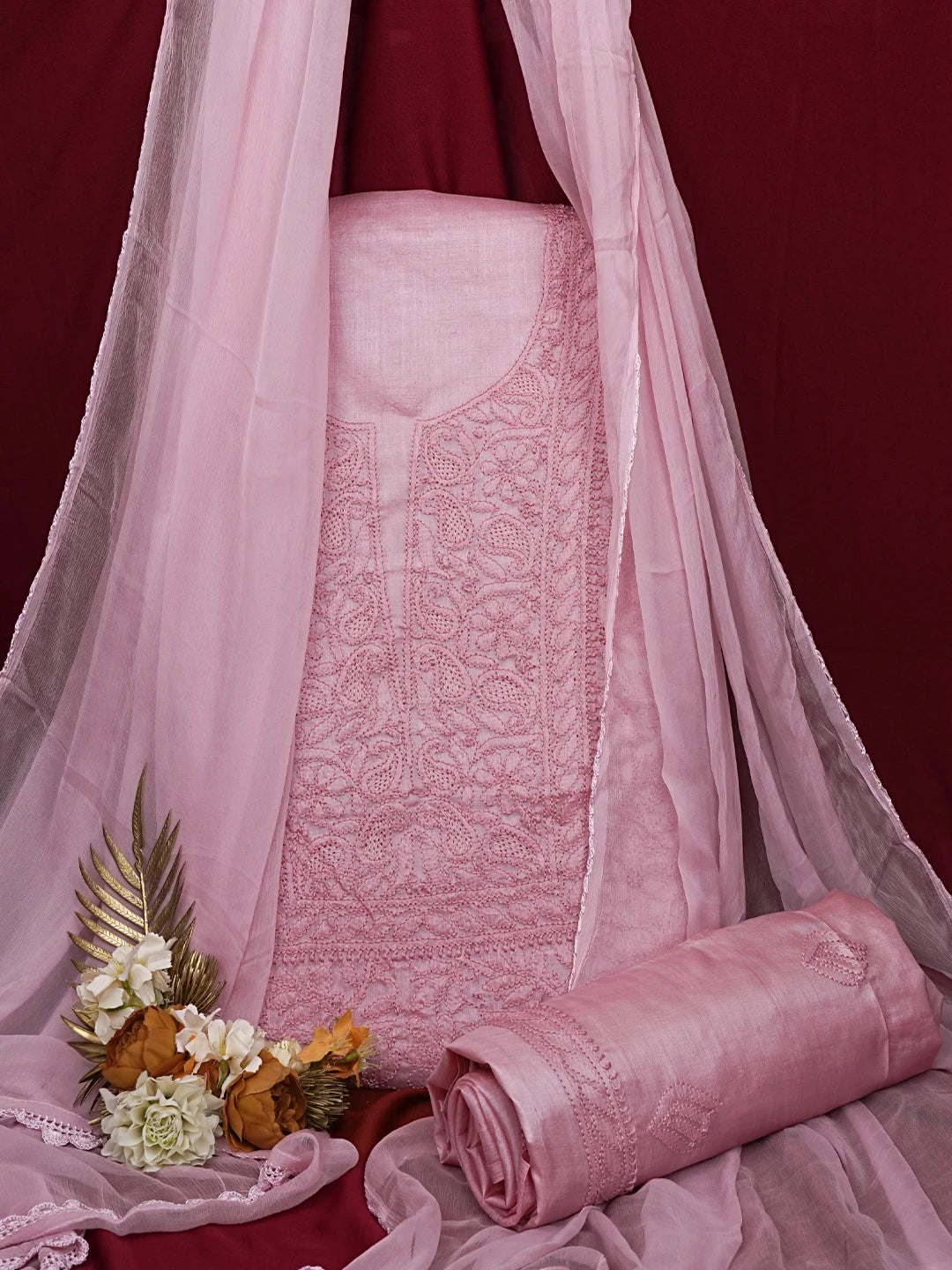 Ada Hand Embroidered Onion Pink Silk Lucknowi Chikankari Unstitched Suit Piece 01A702986