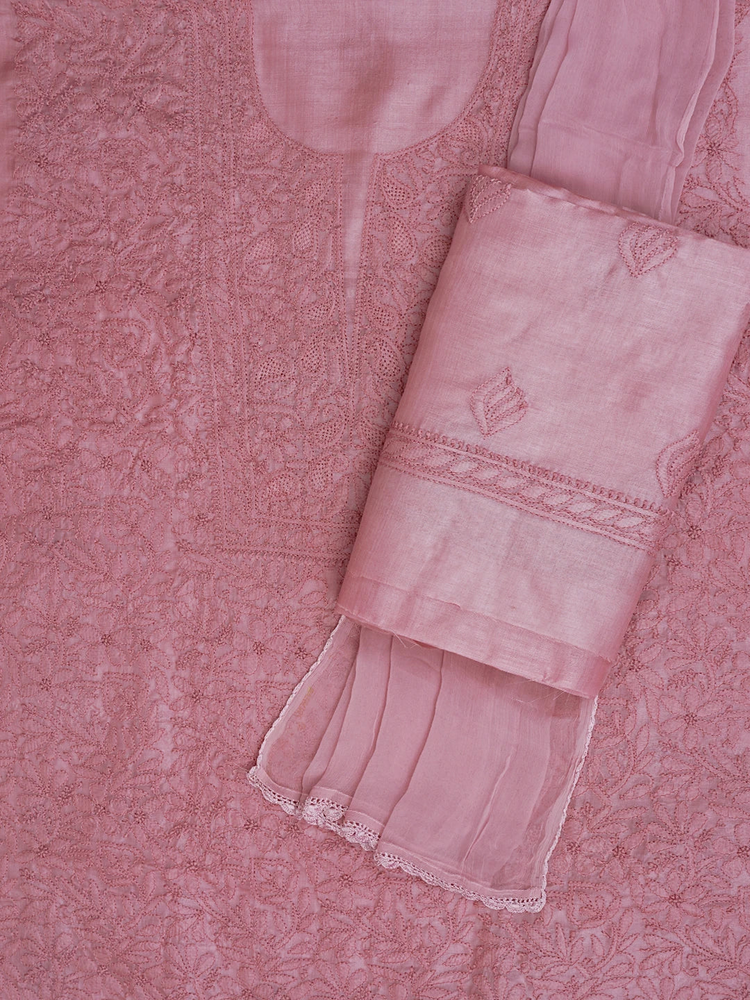 Ada Hand Embroidered Onion Pink Silk Lucknowi Chikankari Unstitched Suit Piece 01A702986