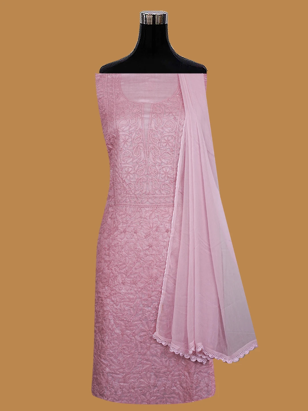 Ada Hand Embroidered Onion Pink Silk Lucknowi Chikankari Unstitched Suit Piece 01A702986