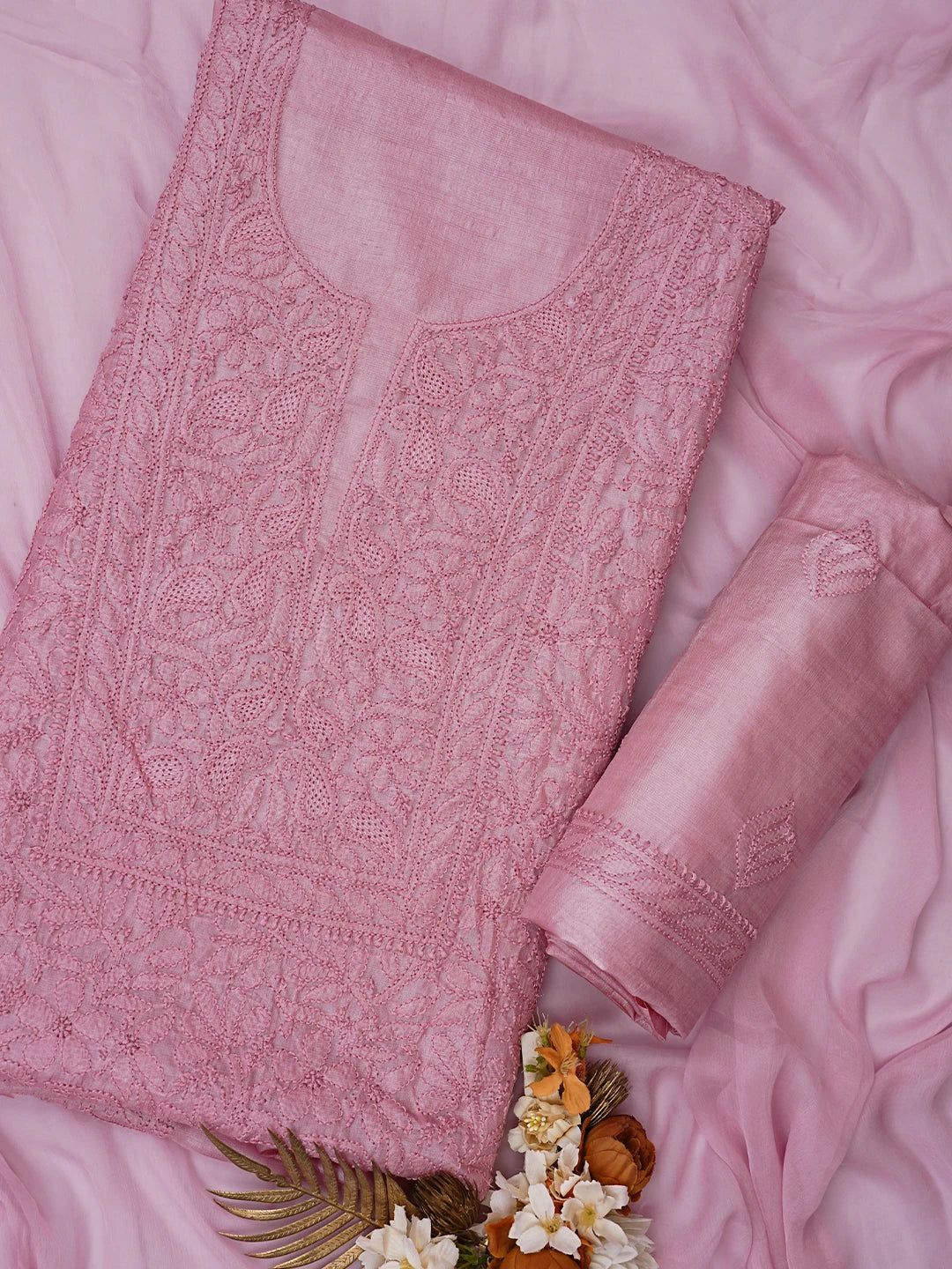 Ada Hand Embroidered Onion Pink Silk Lucknowi Chikankari Unstitched Suit Piece 01A702986
